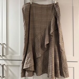 Soft Surroundings 2X Plaid Ruffle Midi Skirt Brown Orange Houndstooth Career